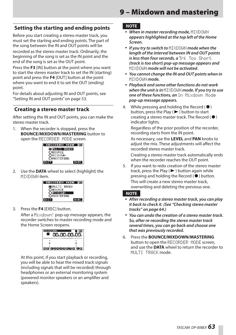 Setting the starting and ending points, Creating a stereo master track, 9 – mixdown and mastering | Teac DP-008EX User Manual | Page 63 / 92