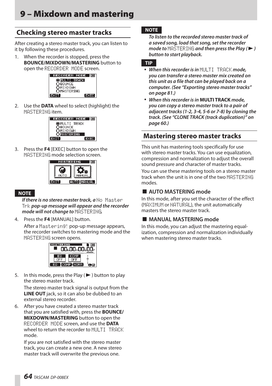 Checking stereo master tracks, Mastering stereo master tracks, Ee “checking stereo master tracks” on | Ee “mastering stereo master tracks, 9 – mixdown and mastering | Teac DP-008EX User Manual | Page 64 / 92