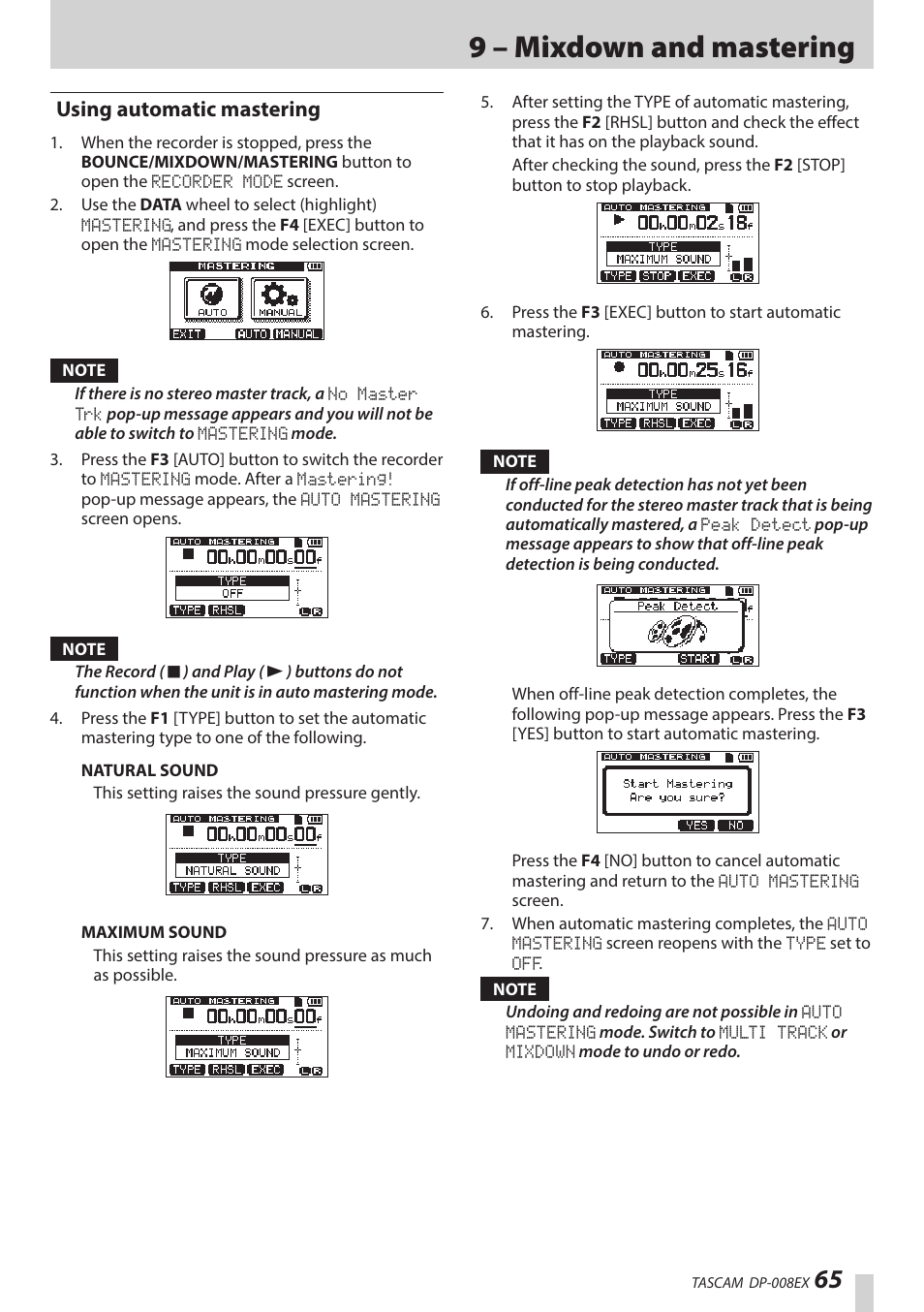 Using automatic mastering, 9 – mixdown and mastering | Teac DP-008EX User Manual | Page 65 / 92