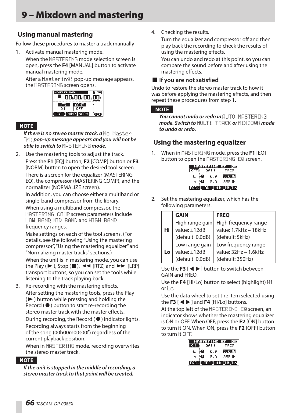 Using manual mastering, Using the mastering equalizer, 9 – mixdown and mastering | Teac DP-008EX User Manual | Page 66 / 92