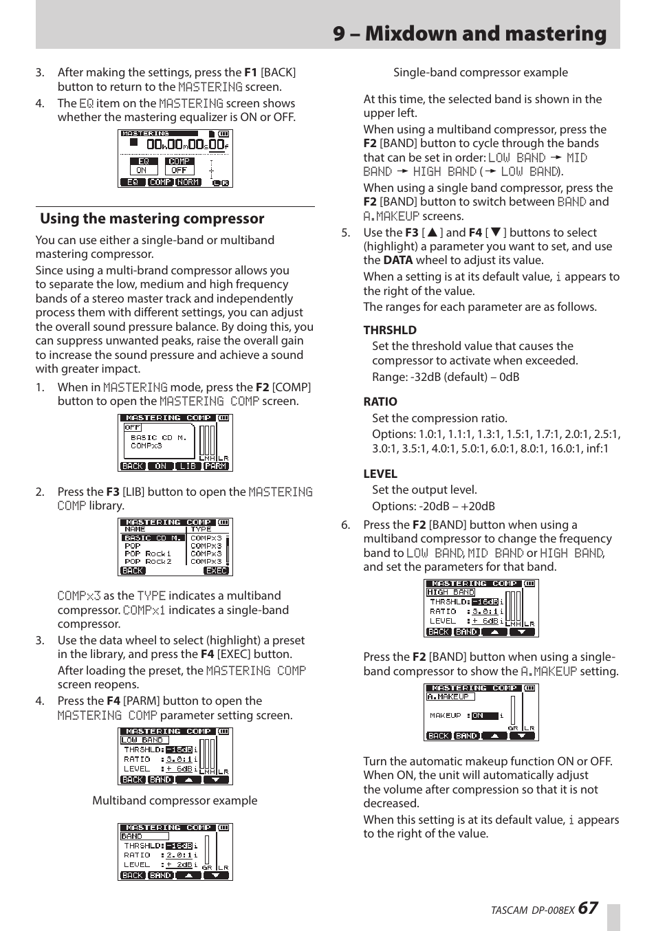 Using the mastering compressor, 9 – mixdown and mastering | Teac DP-008EX User Manual | Page 67 / 92