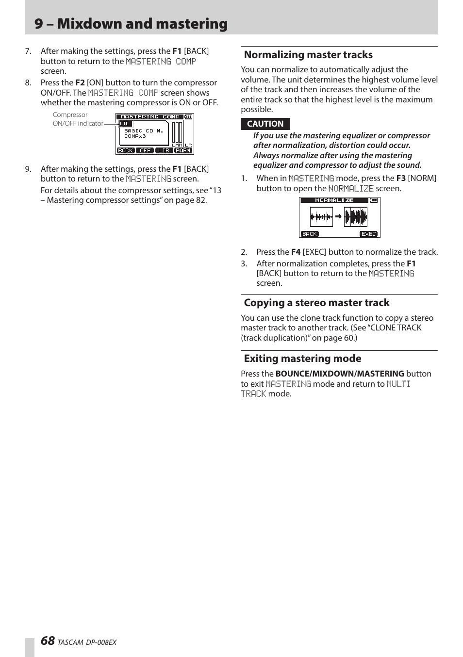 Normalizing master tracks, Copying a stereo master track, Exiting mastering mode | 9 – mixdown and mastering | Teac DP-008EX User Manual | Page 68 / 92