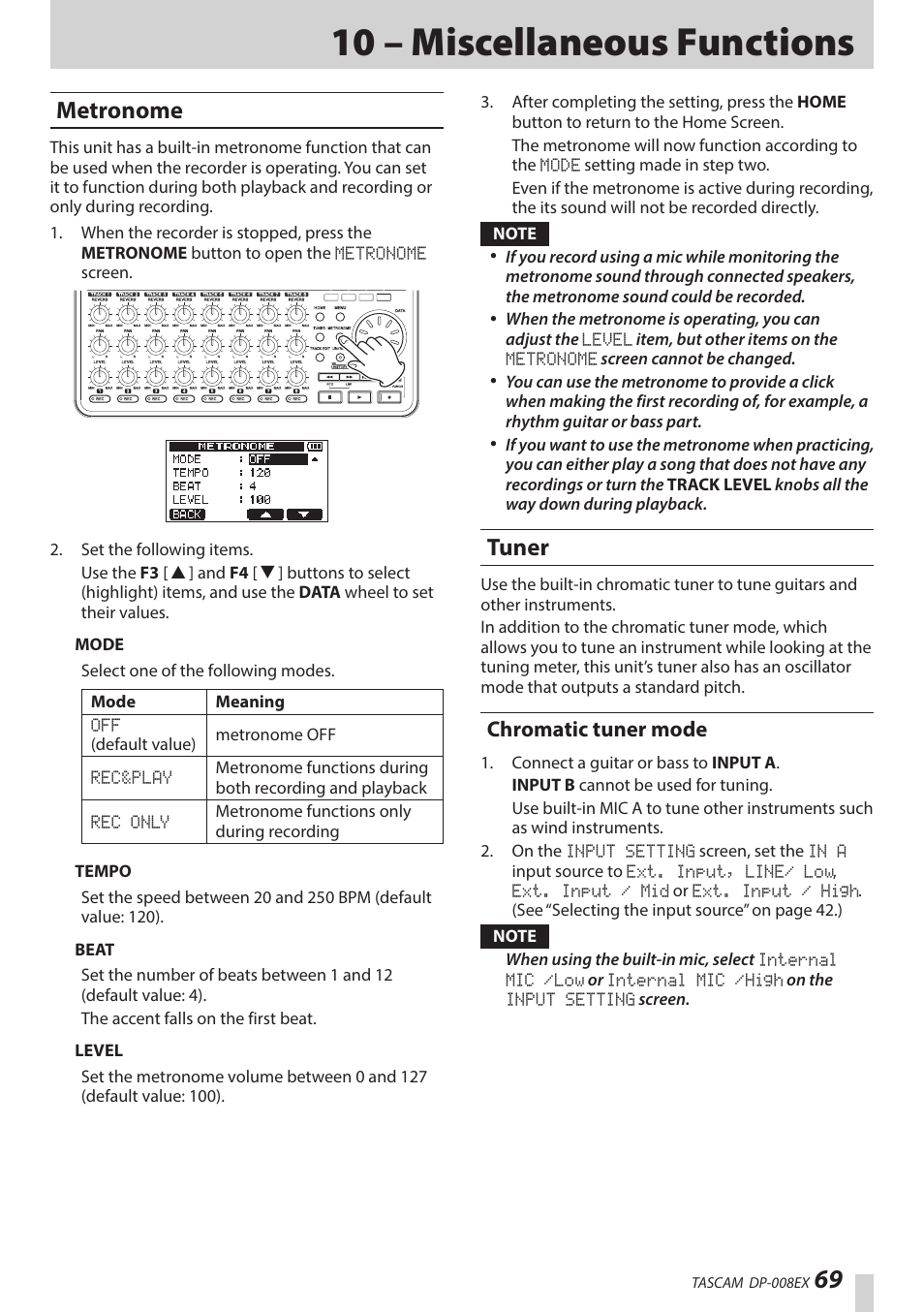 10 – miscellaneous functions, Metronome, Tuner | Chromatic tuner mode | Teac DP-008EX User Manual | Page 69 / 92