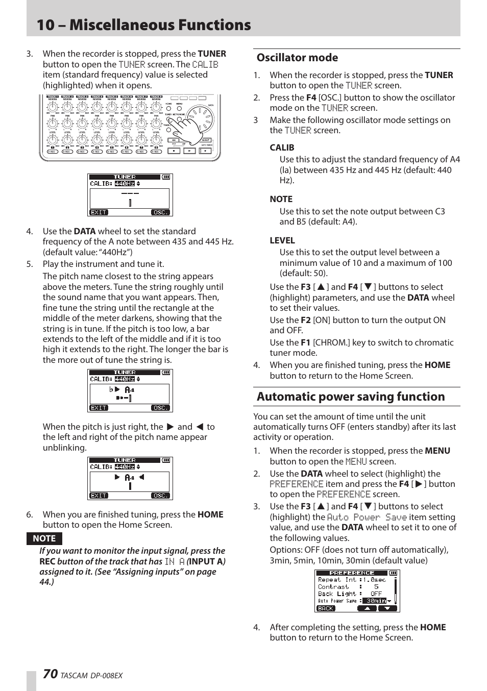 Oscillator mode, Automatic power saving function, 10 – miscellaneous functions | Teac DP-008EX User Manual | Page 70 / 92