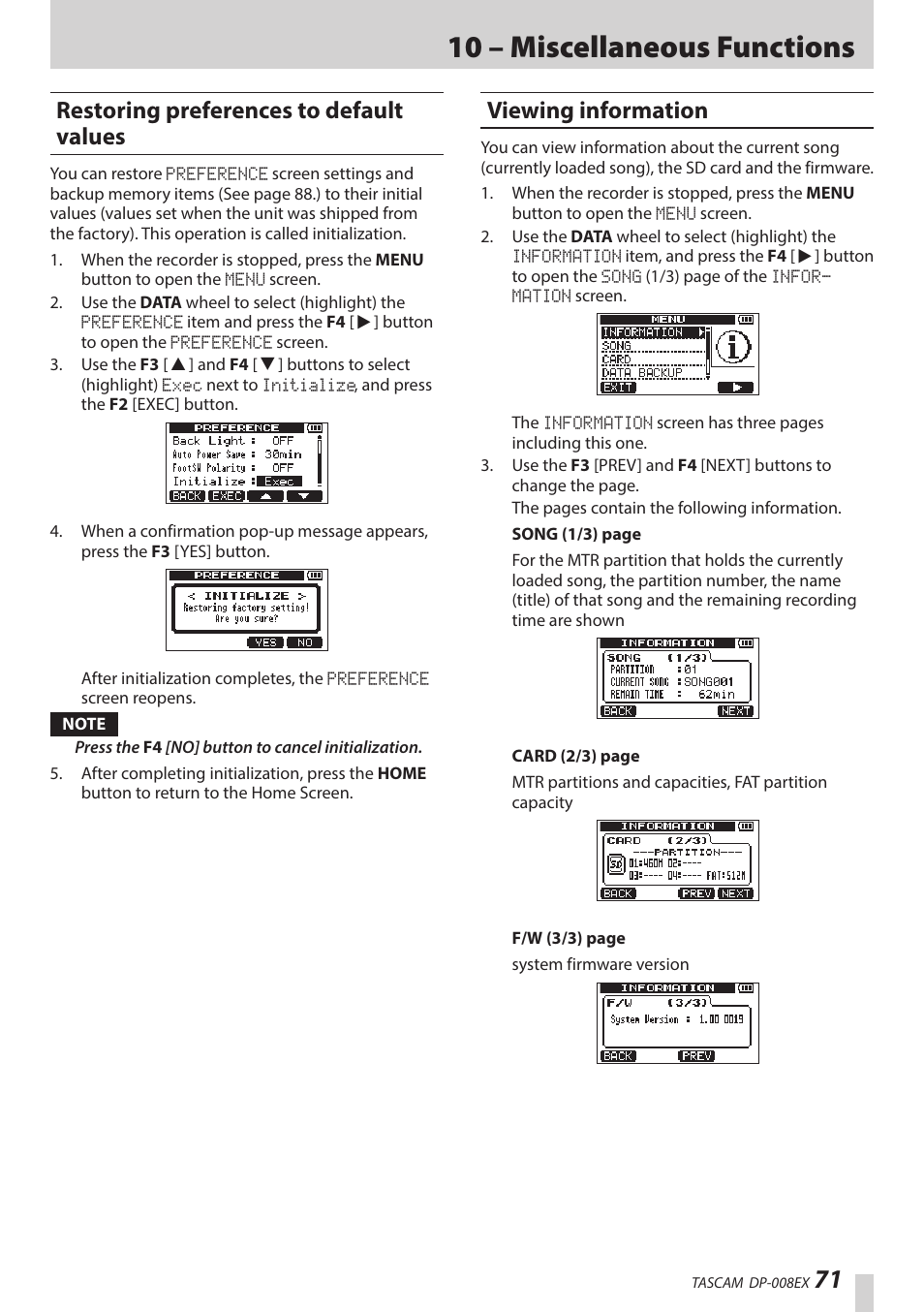 Restoring preferences to default values, Viewing information, E “viewing information” on | 10 – miscellaneous functions | Teac DP-008EX User Manual | Page 71 / 92