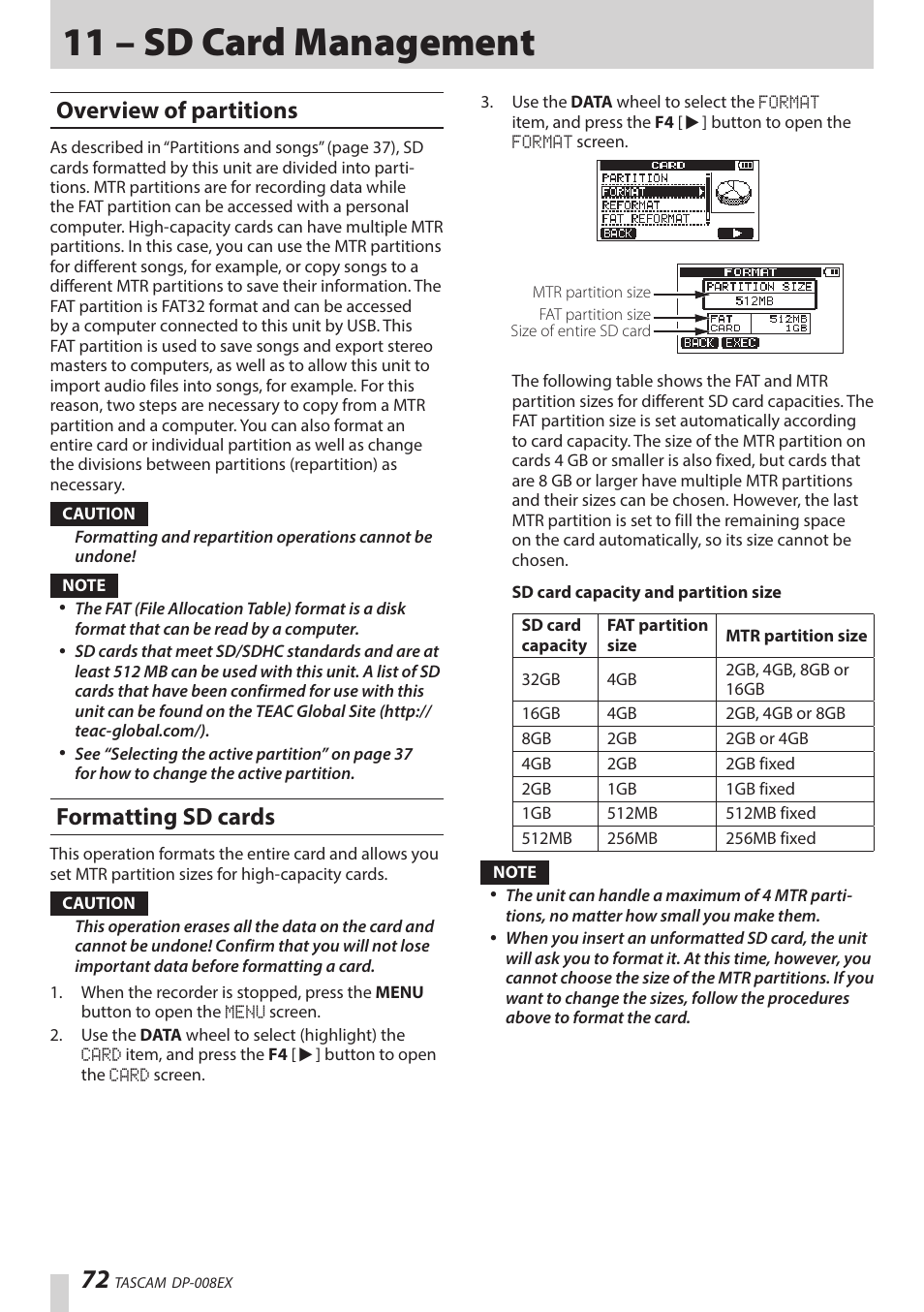 11 – sd card management, Overview of partitions, Formatting sd cards | Titions see “11 – sd, 11 – sd card | Teac DP-008EX User Manual | Page 72 / 92