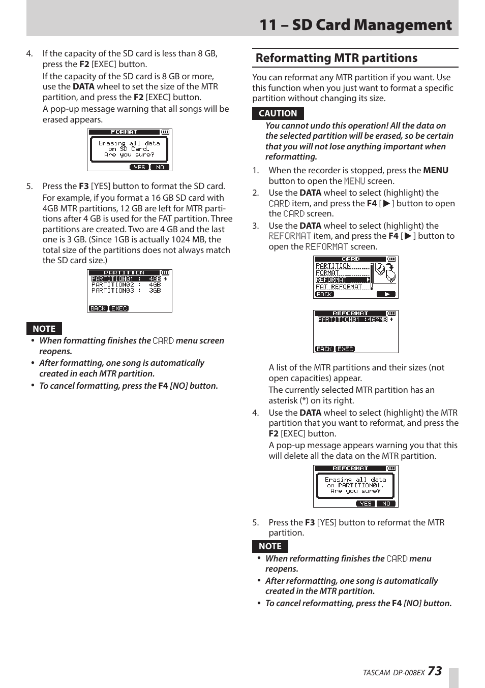 Reformatting mtr partitions, 11 – sd card management | Teac DP-008EX User Manual | Page 73 / 92