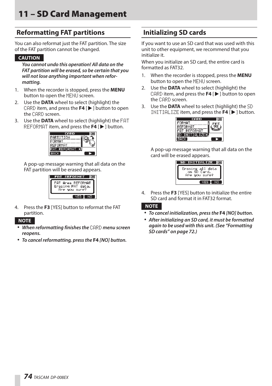 Reformatting fat partitions, Initializing sd cards, 11 – sd card management | Teac DP-008EX User Manual | Page 74 / 92