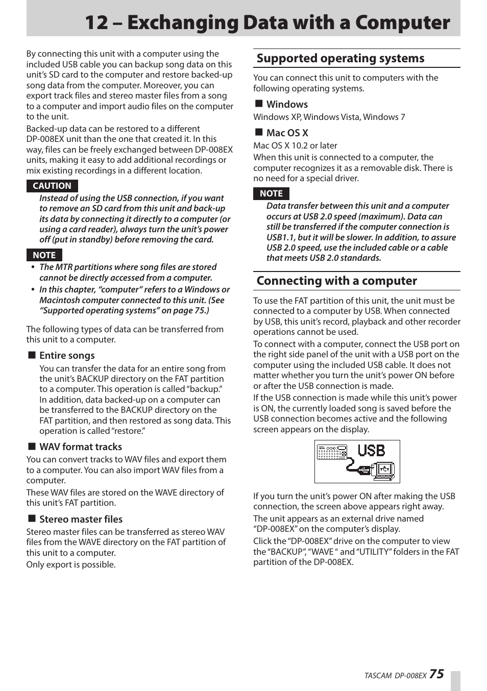 12 – exchanging data with a computer, Supported operating systems, Connecting with a computer | Teac DP-008EX User Manual | Page 75 / 92