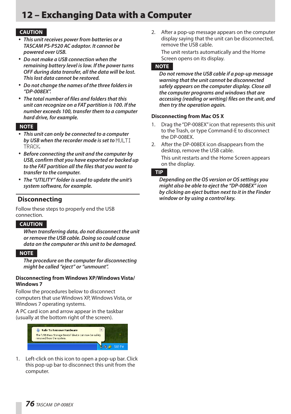 Disconnecting, 12 – exchanging data with a computer | Teac DP-008EX User Manual | Page 76 / 92