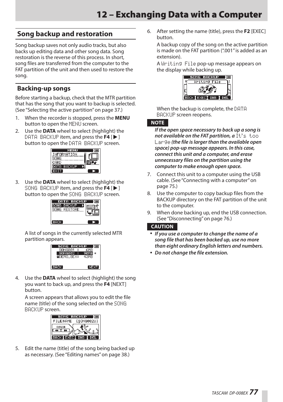 Song backup and restoration, Backing-up songs, 12 – exchanging data with a computer | Teac DP-008EX User Manual | Page 77 / 92