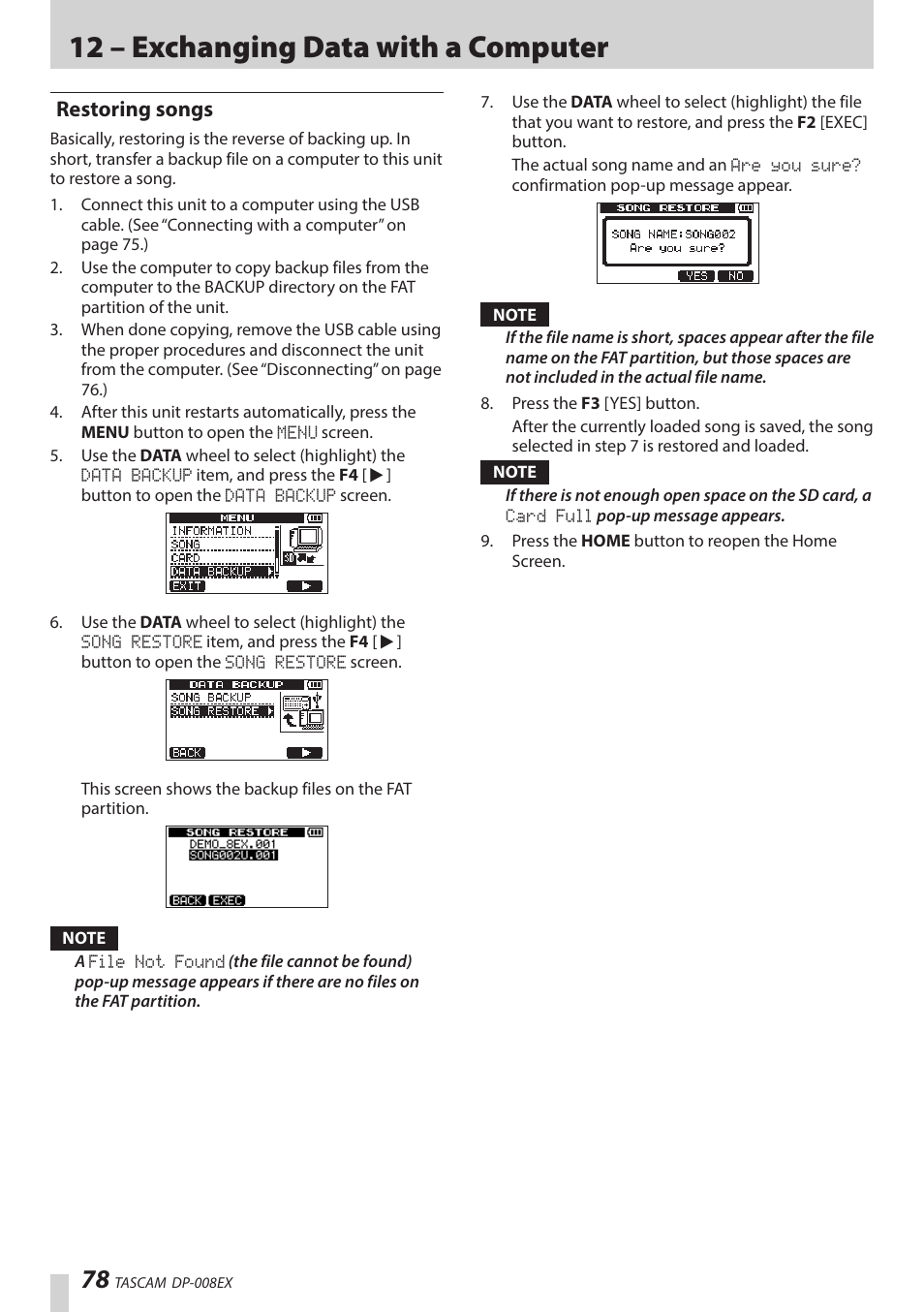 Restoring songs, 12 – exchanging data with a computer | Teac DP-008EX User Manual | Page 78 / 92