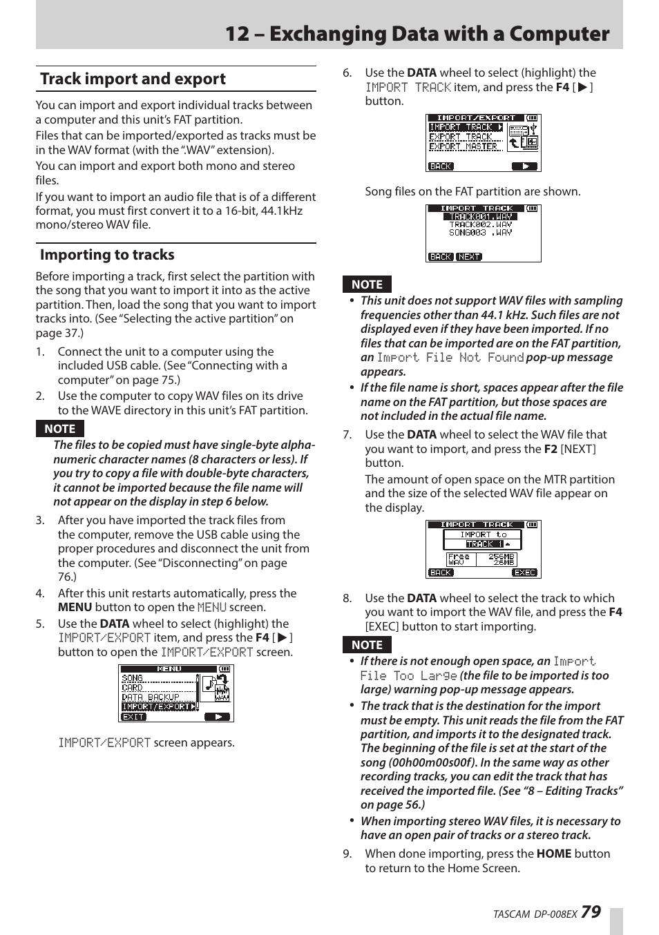 Track import and export, Importing to tracks, 12 – exchanging data with a computer | Teac DP-008EX User Manual | Page 79 / 92