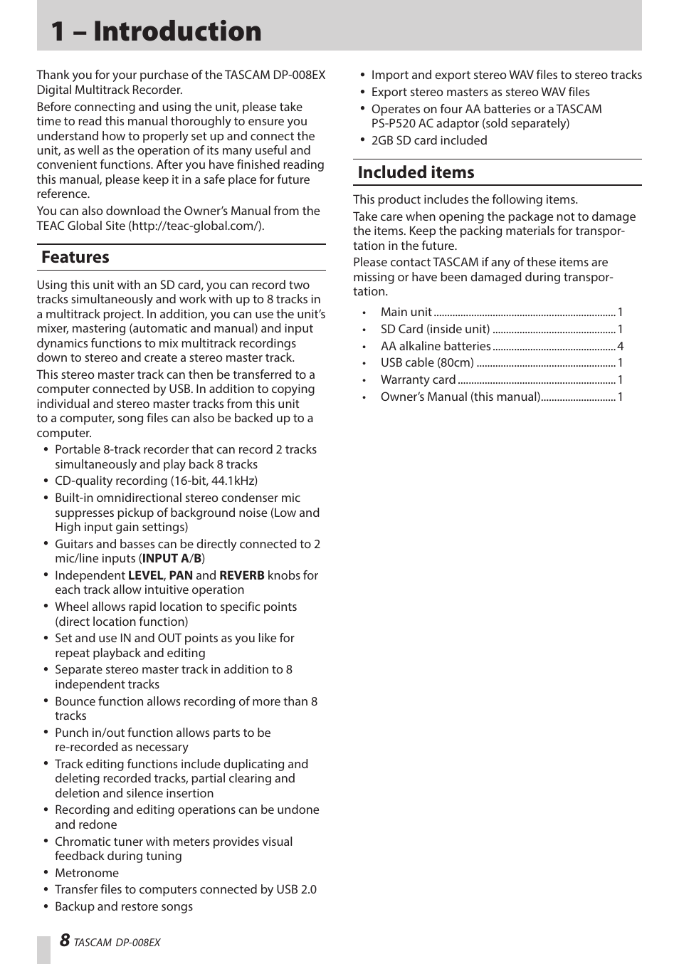 1 – introduction, Features, Included items | Teac DP-008EX User Manual | Page 8 / 92