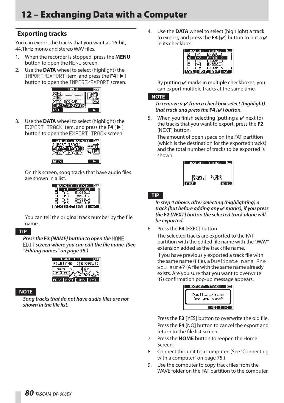 Exporting tracks, 12 – exchanging data with a computer | Teac DP-008EX User Manual | Page 80 / 92