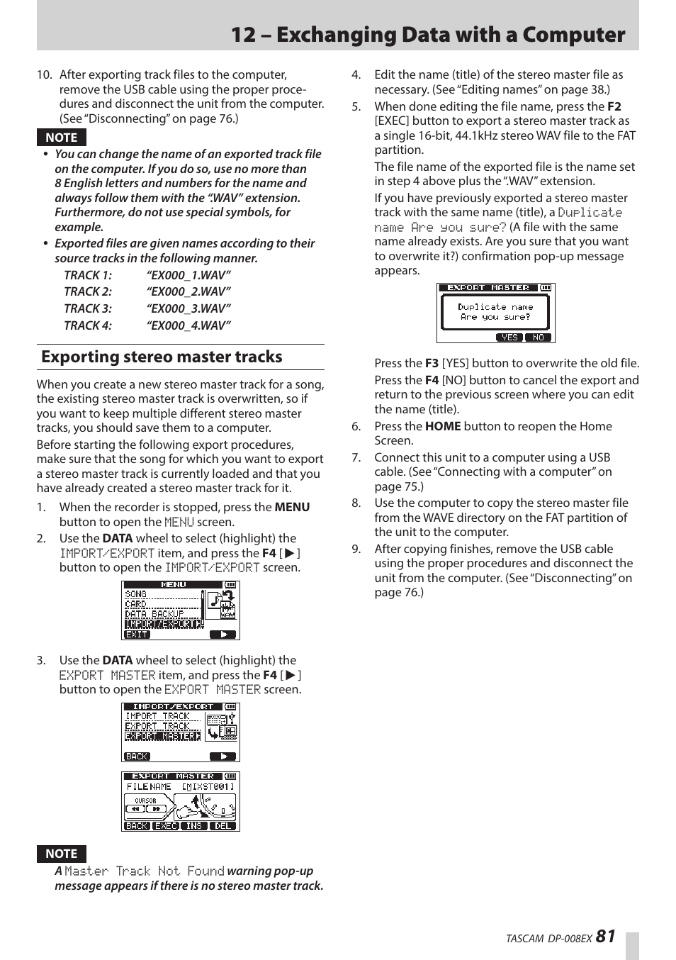 Exporting stereo master tracks, See “exporting stereo master, 12 – exchanging data with a computer | Teac DP-008EX User Manual | Page 81 / 92