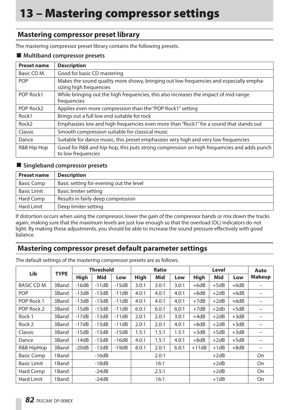 13 – mastering compressor settings, Mastering compressor preset library, Mastering compressor preset default | Parameter settings, See “13 | Teac DP-008EX User Manual | Page 82 / 92