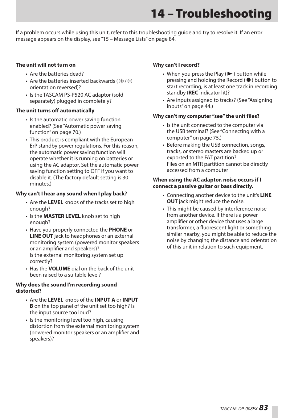 14 – troubleshooting | Teac DP-008EX User Manual | Page 83 / 92