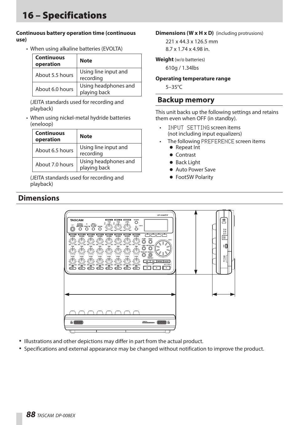 Backup memory, Dimensions, 16 – specifications | Teac DP-008EX User Manual | Page 88 / 92