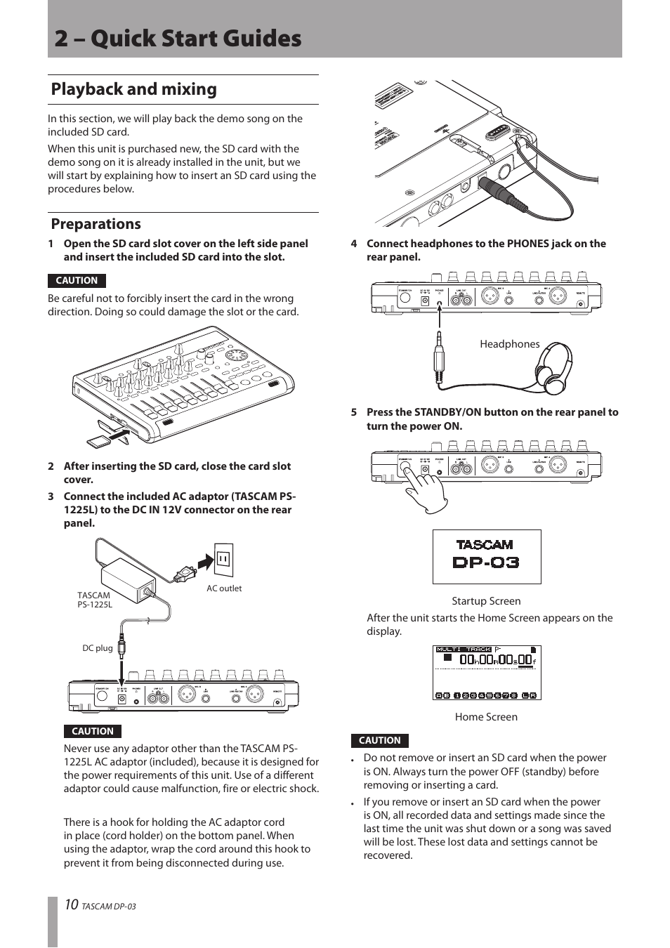 2 – quick start guides, Playback and mixing, Preparations | Teac DP-03 User Manual | Page 10 / 92