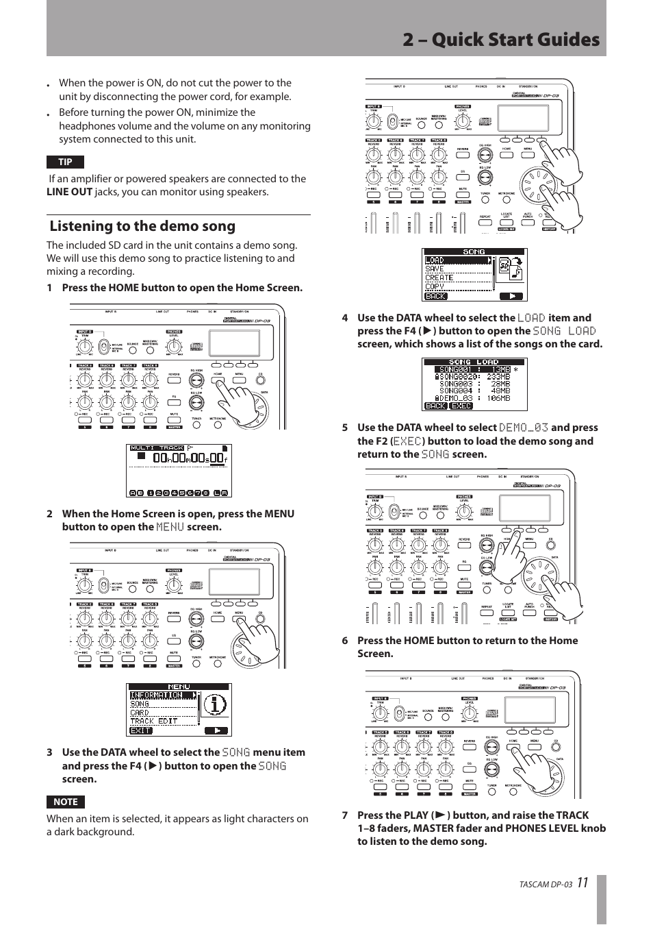 Listening to the demo song, 2 – quick start guides | Teac DP-03 User Manual | Page 11 / 92