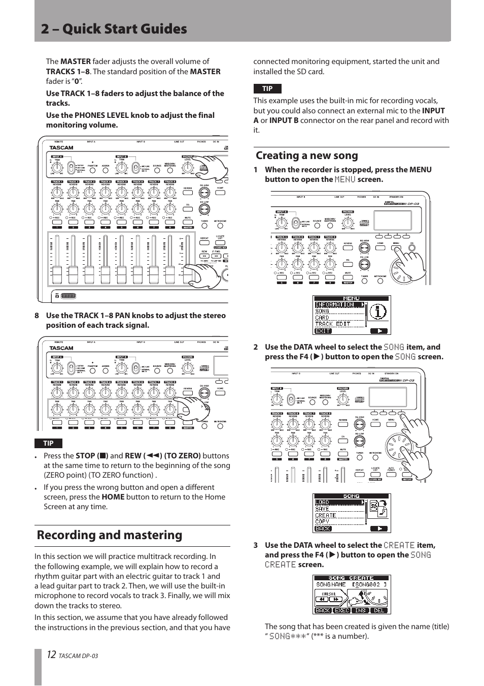 Recording and mastering, Creating a new song, 2 – quick start guides | Teac DP-03 User Manual | Page 12 / 92