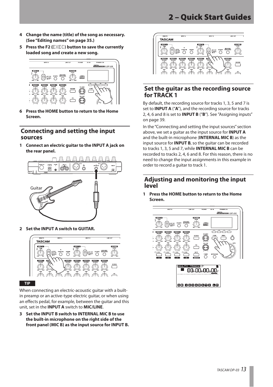 Connecting and setting the input sources, Set the guitar as the recording source for track 1, Adjusting and monitoring the input level | Track 1 adjusting and monitoring the input level, 2 – quick start guides | Teac DP-03 User Manual | Page 13 / 92