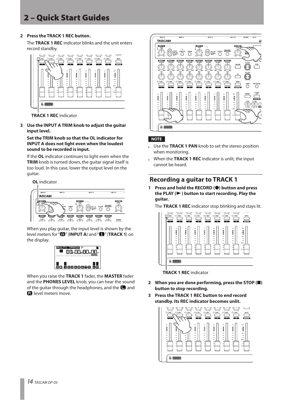 Recording a guitar to track 1, 2 – quick start guides | Teac DP-03 User Manual | Page 14 / 92