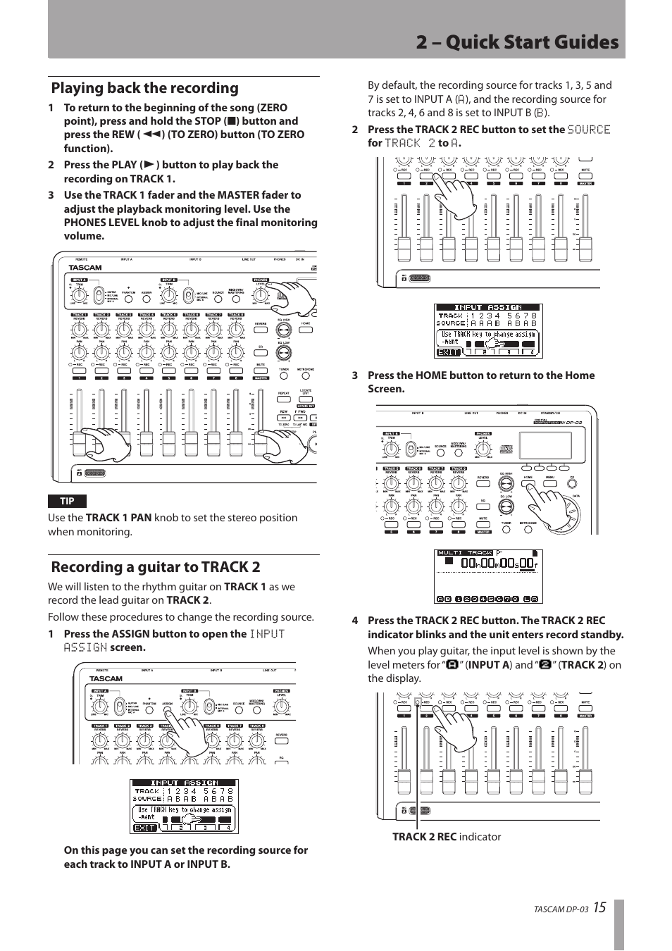 Playing back the recording, Recording a guitar to track 2, 2 – quick start guides | 15 playing back the recording | Teac DP-03 User Manual | Page 15 / 92