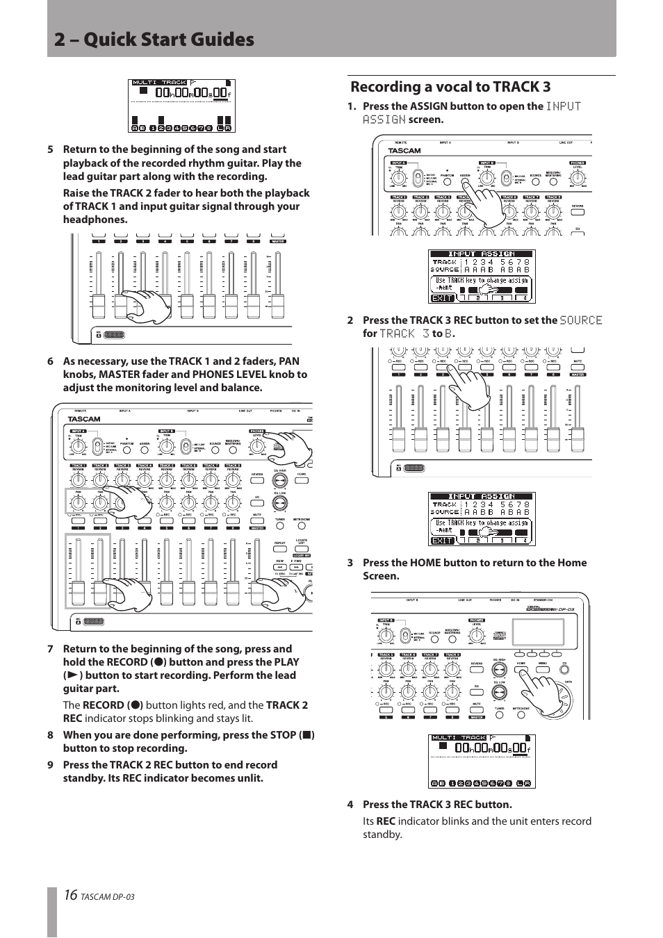 Recording a vocal to track 3, 2 – quick start guides | Teac DP-03 User Manual | Page 16 / 92