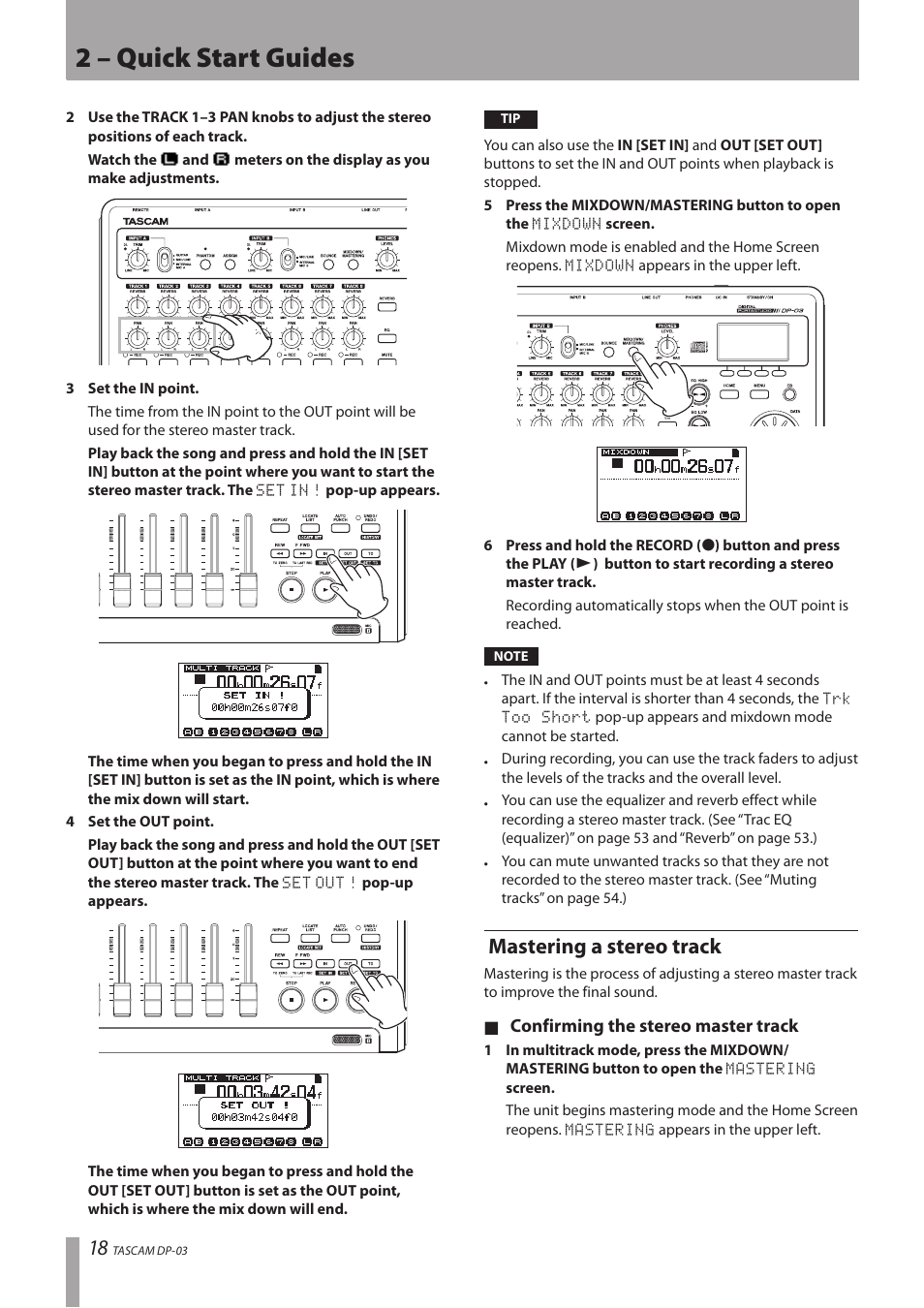 Mastering a stereo track, 2 – quick start guides | Teac DP-03 User Manual | Page 18 / 92