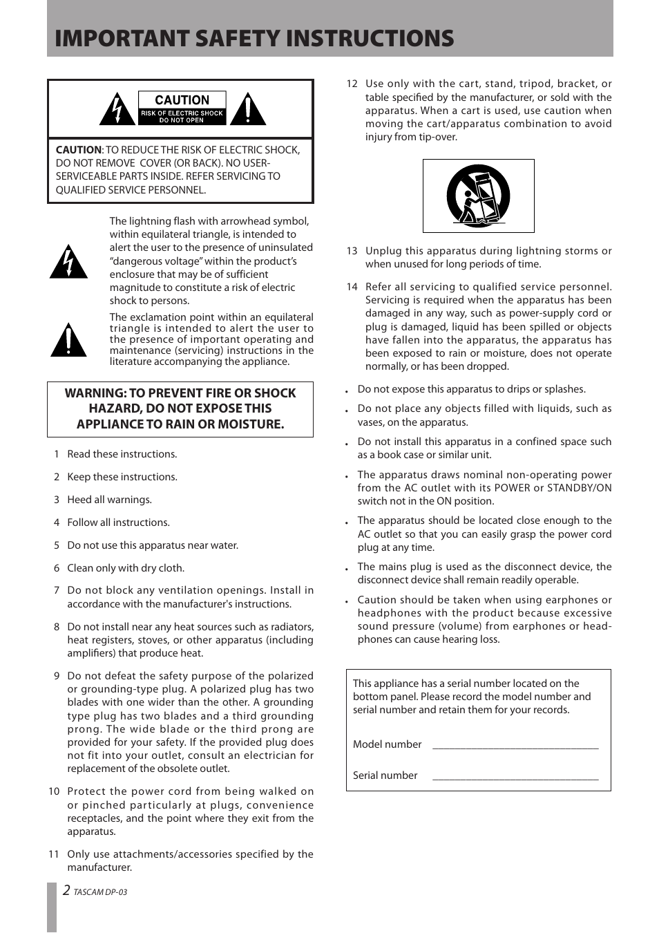 Important safety instructions | Teac DP-03 User Manual | Page 2 / 92