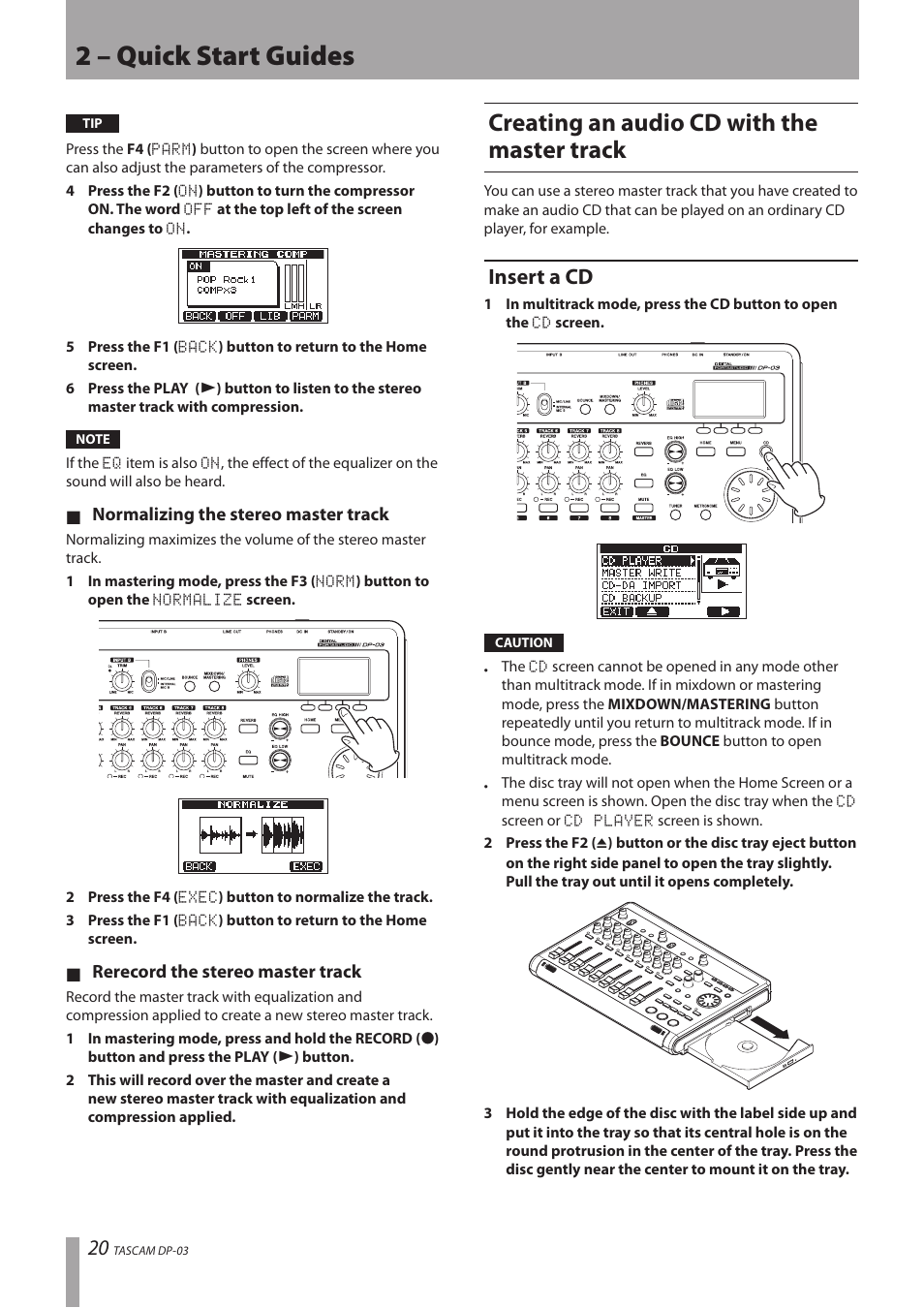 Creating an audio cd with the master track, Insert a cd, 2 – quick start guides | Teac DP-03 User Manual | Page 20 / 92