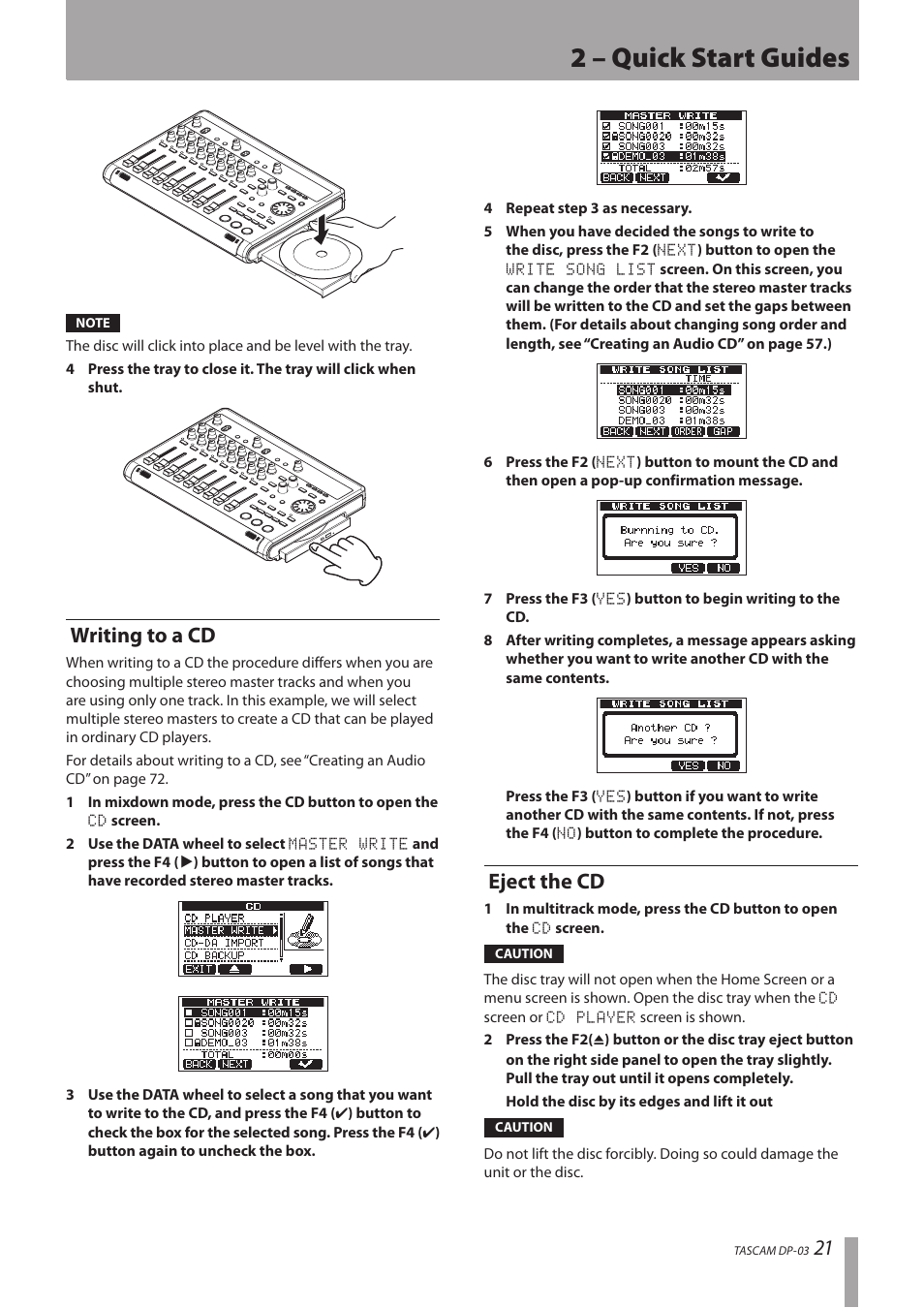 Writing to a cd, Eject the cd, Writing to a cd eject the cd | 2 – quick start guides | Teac DP-03 User Manual | Page 21 / 92