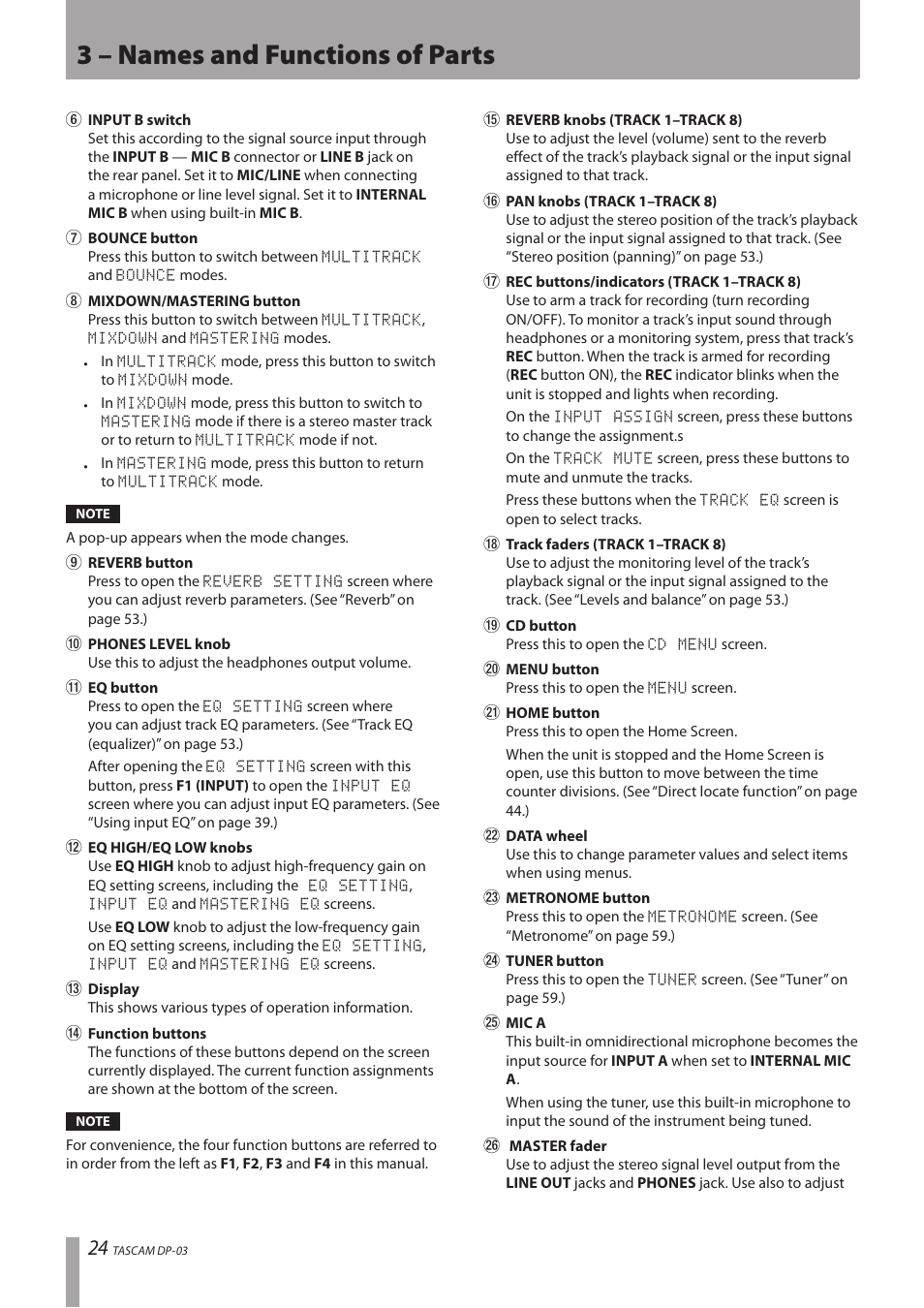 3 – names and functions of parts | Teac DP-03 User Manual | Page 24 / 92