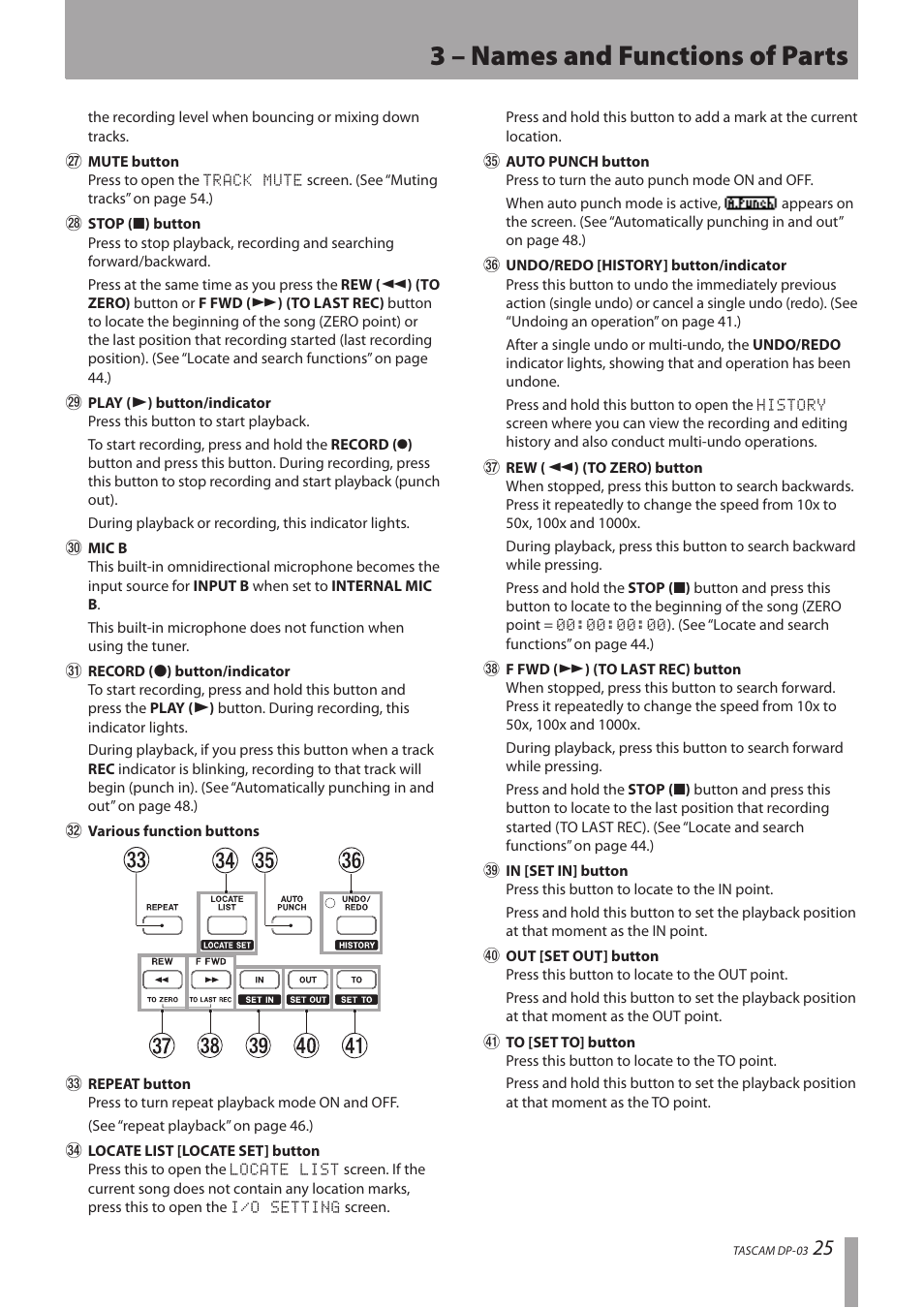 3 – names and functions of parts | Teac DP-03 User Manual | Page 25 / 92