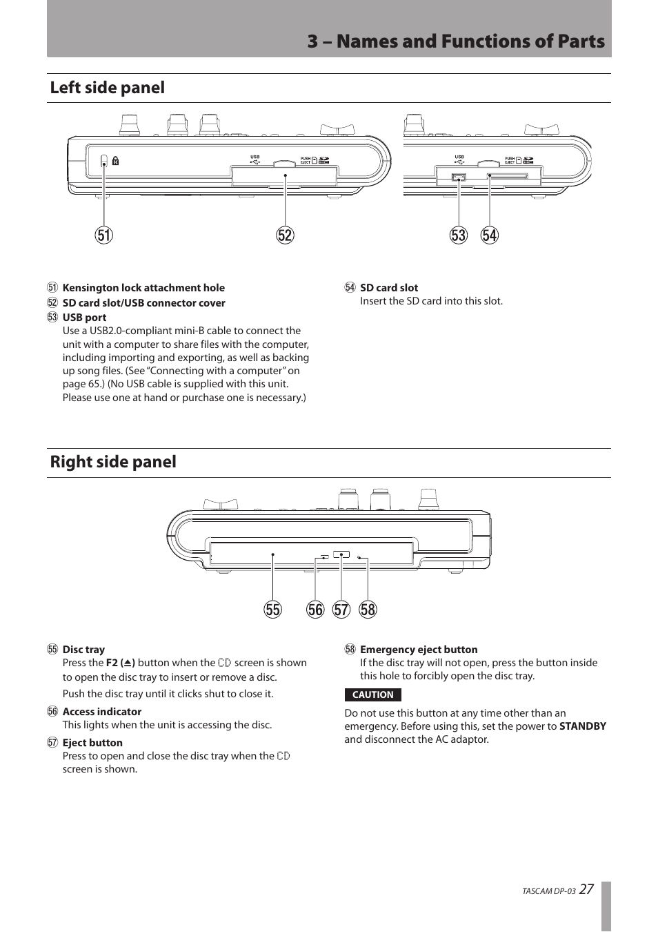 Left side panel, Right side panel, Left side panel right side panel | 3 – names and functions of parts | Teac DP-03 User Manual | Page 27 / 92