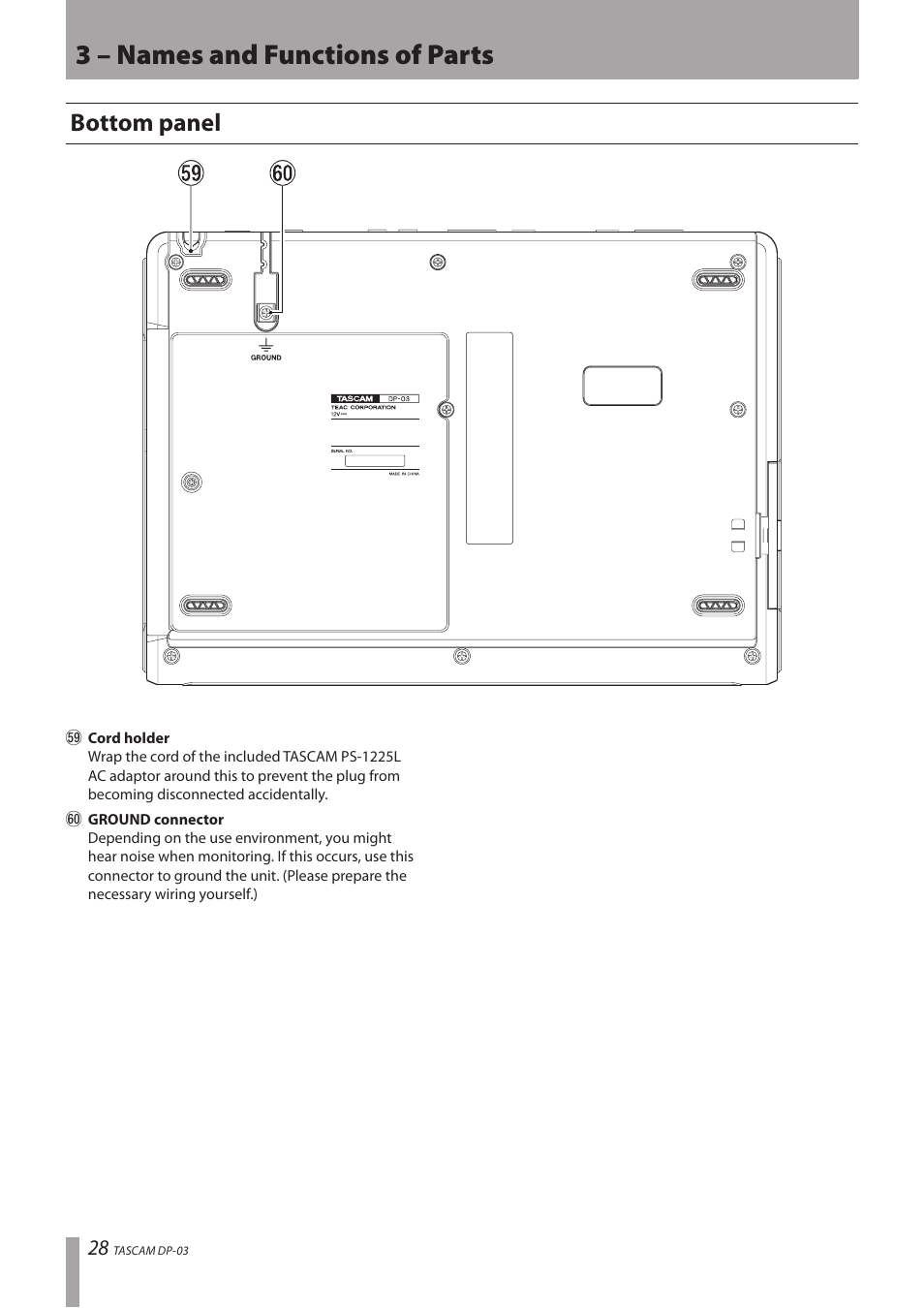 Bottom panel, 3 – names and functions of parts | Teac DP-03 User Manual | Page 28 / 92