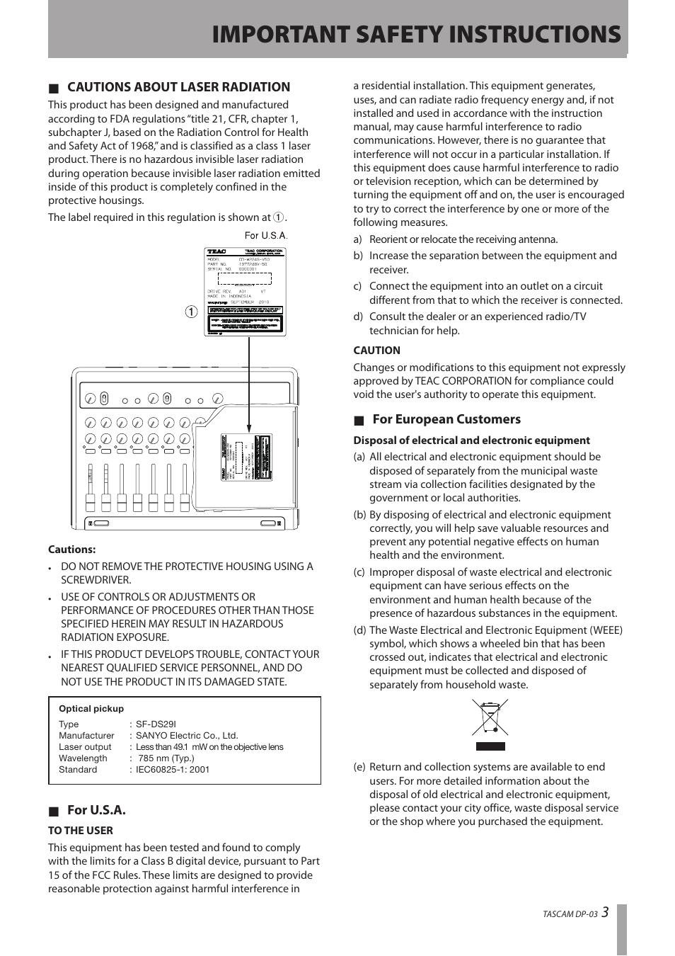 Important safety instructions | Teac DP-03 User Manual | Page 3 / 92