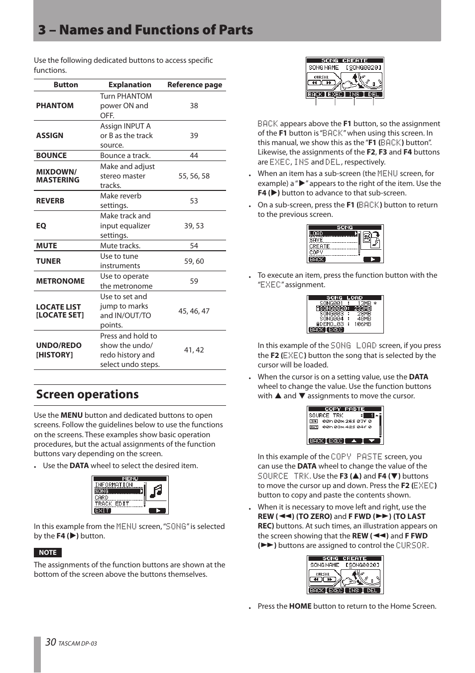 Screen operations, 3 – names and functions of parts | Teac DP-03 User Manual | Page 30 / 92