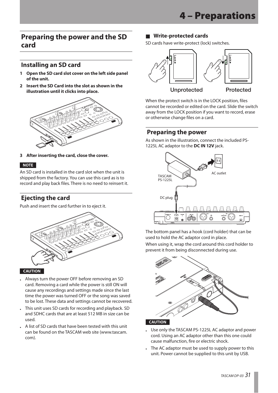 4 – preparations, Preparing the power and the sd card, Installing an sd card | Ejecting the card, Preparing the power | Teac DP-03 User Manual | Page 31 / 92