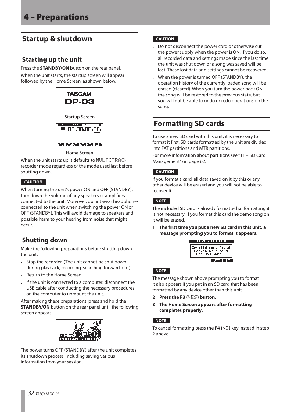 Startup & shutdown, Starting up the unit, Shutting down | Formatting sd cards, Starting up the unit shutting down, 4 – preparations | Teac DP-03 User Manual | Page 32 / 92