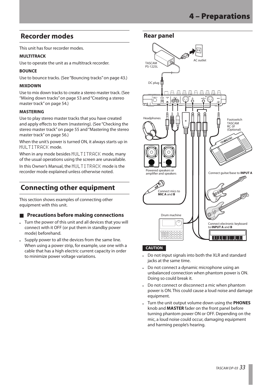 Recorder modes, Connecting other equipment, Rear panel | Recorder modes connecting other equipment, 4 – preparations, Precautions before making connections ª | Teac DP-03 User Manual | Page 33 / 92