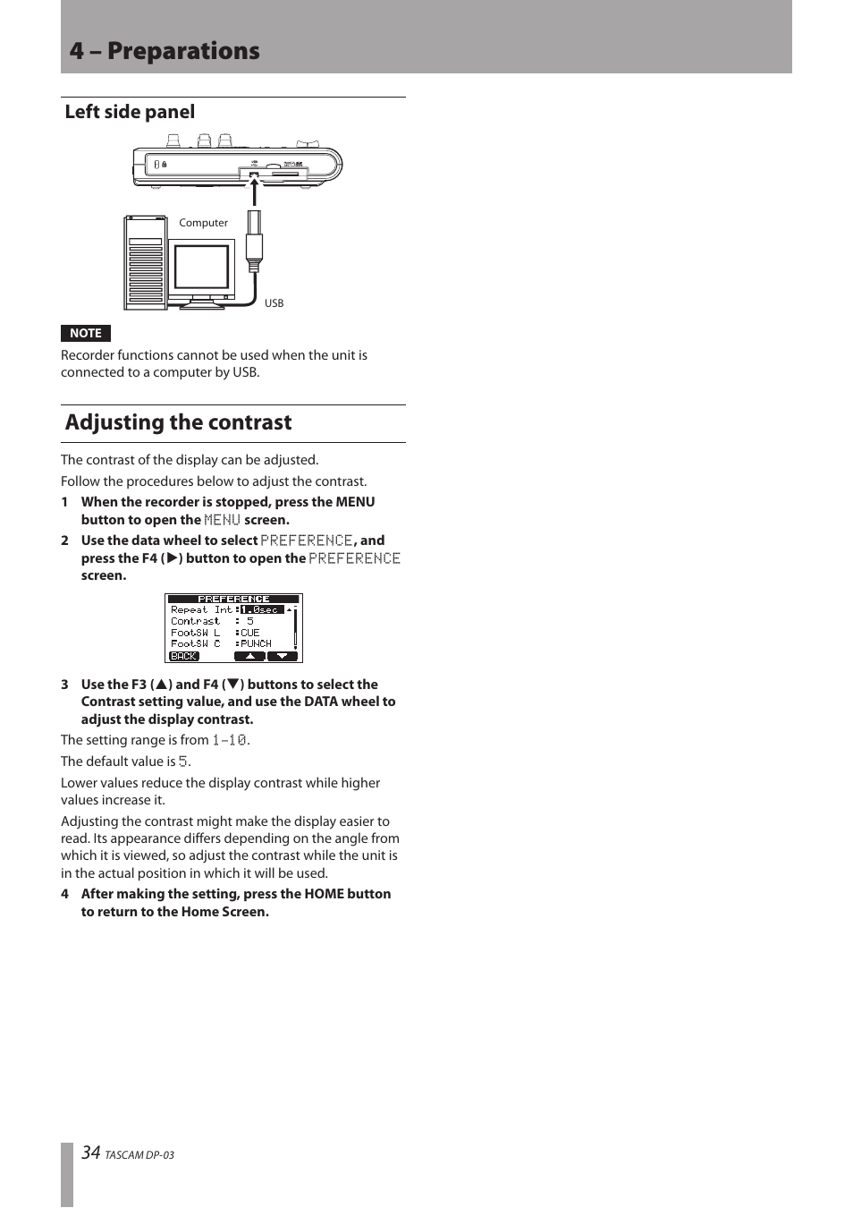 Left side panel, Adjusting the contrast, 4 – preparations | Teac DP-03 User Manual | Page 34 / 92