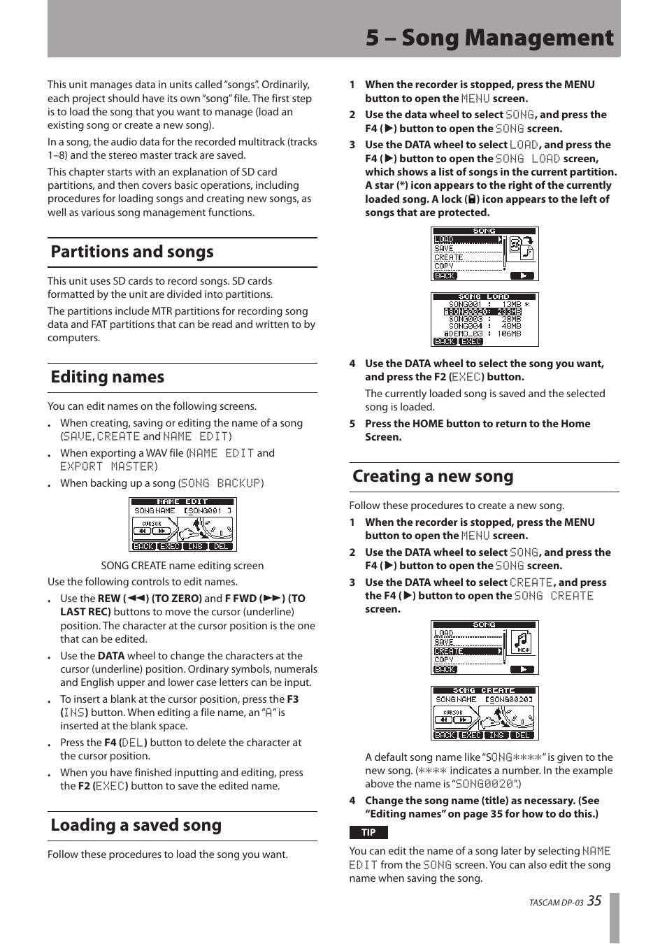 5 – song management, Partitions and songs, Editing names | Loading a saved song, Creating a new song | Teac DP-03 User Manual | Page 35 / 92