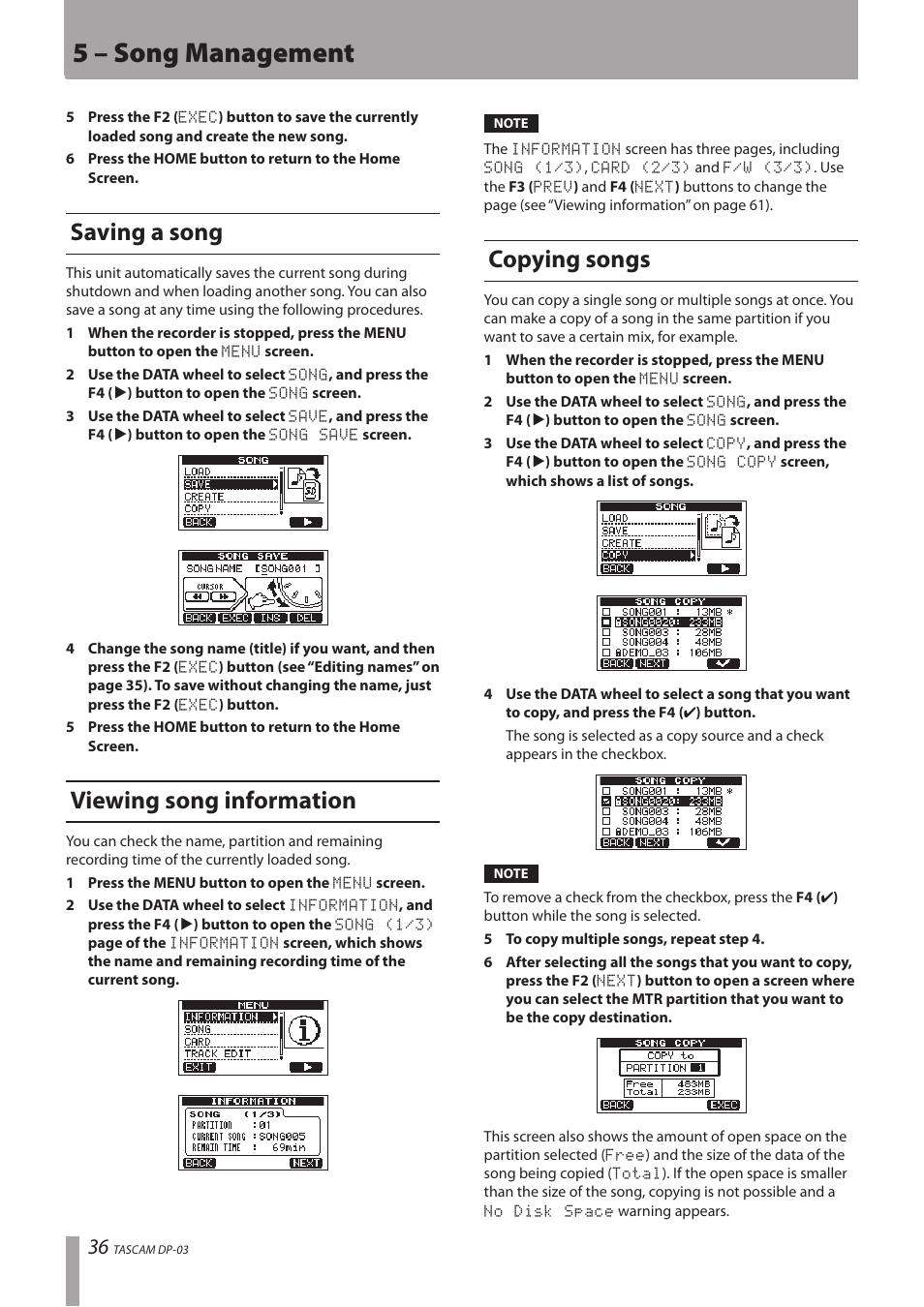 Saving a song, Viewing song information, Copying songs | 5 – song management | Teac DP-03 User Manual | Page 36 / 92