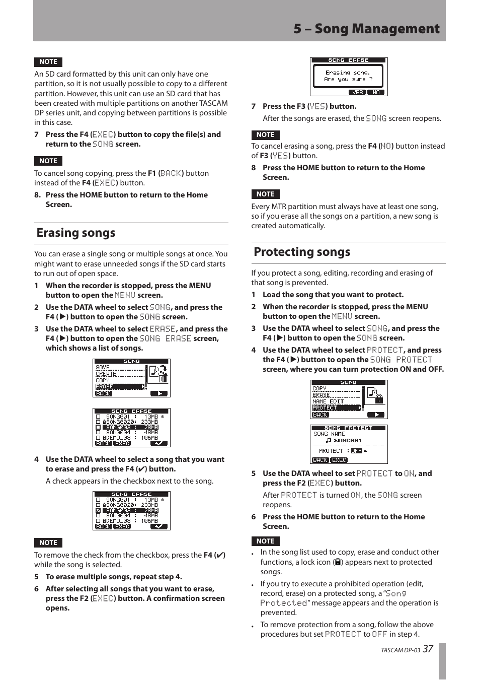 Erasing songs, Protecting songs, Erasing songs protecting songs | 5 – song management | Teac DP-03 User Manual | Page 37 / 92