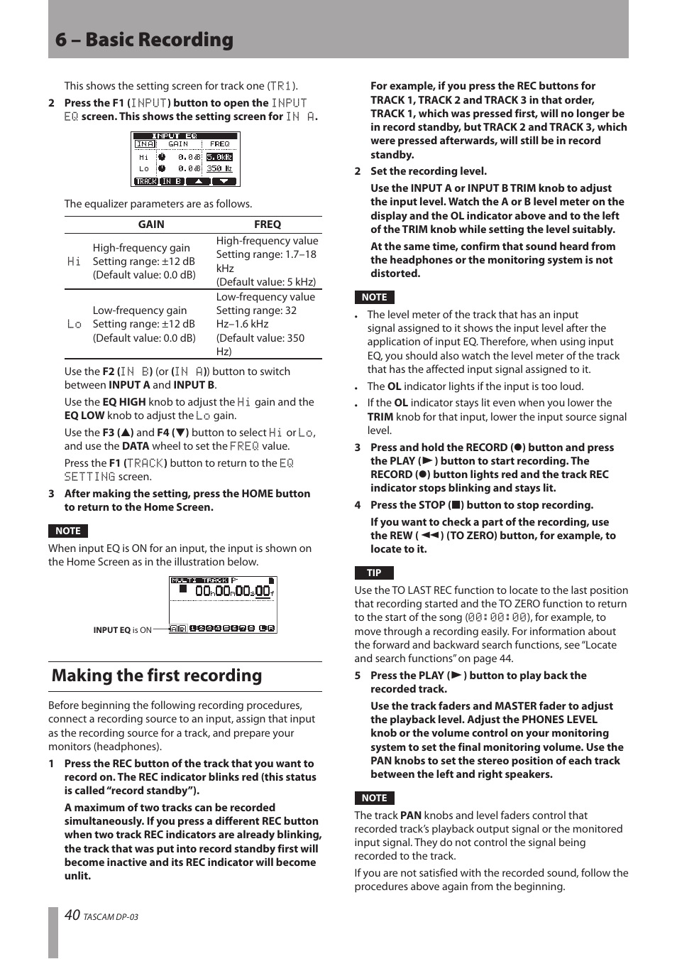 Making the first recording, 6 – basic recording | Teac DP-03 User Manual | Page 40 / 92