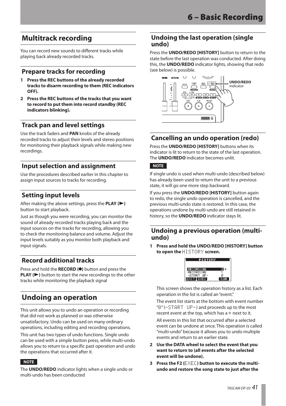 Multitrack recording, Prepare tracks for recording, Track pan and level settings | Input selection and assignment, Setting input levels, Record additional tracks, Undoing an operation, Undoing the last operation (single undo), Cancelling an undo operation (redo), Undoing a previous operation (multi-undo) | Teac DP-03 User Manual | Page 41 / 92