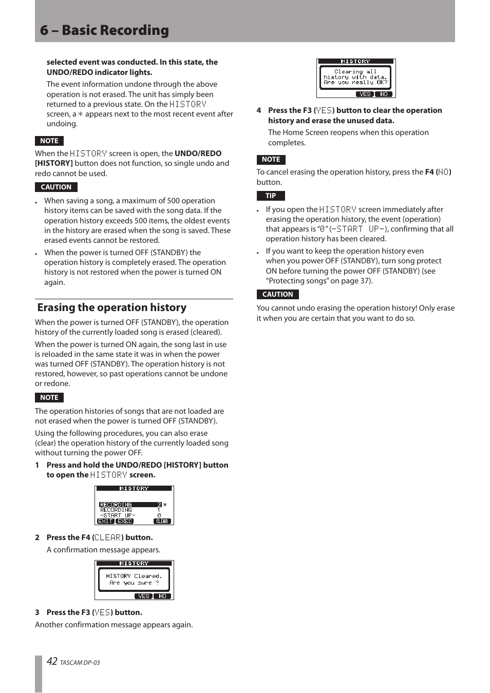 Erasing the operation history, 6 – basic recording | Teac DP-03 User Manual | Page 42 / 92